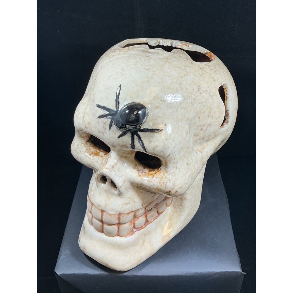 Ceramic Skull Candle Holder Halloween Decor Spider Bat Cutouts Mottled Glaze - Picture 7 of 10